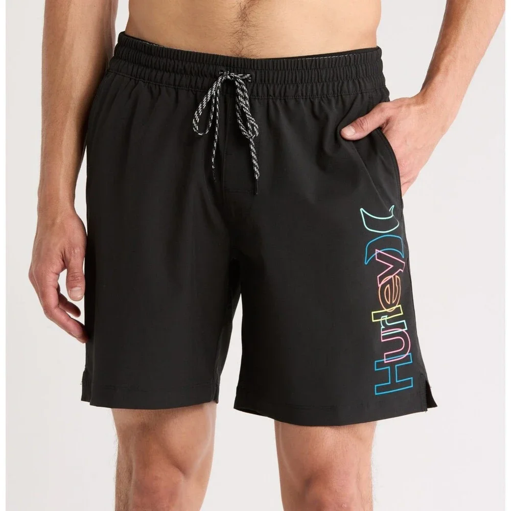 Hurley Crossover Volley Swim Trunks Sz Large Black Rainbow Logo